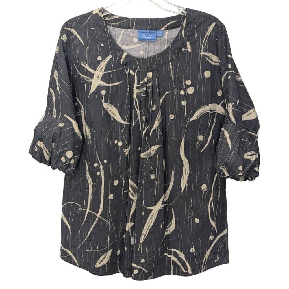Simply Vera Wang Gray Tan Puff Sleeve Pleated Neck Panel Women Blouse Size M